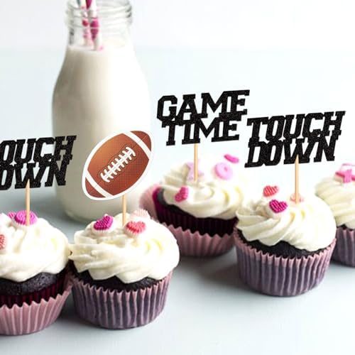 24Pcs Glitter Brown Rugby Cupcake Topper Touch Down Game Time Cupcake Picks for Rugby Ball Baby Shower Sport Boys American Football Birthday Cupcake Decorations Rugby Party Decorations