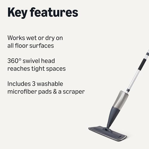 Amazon Basics Dry and Wet Floor Spray Mop, 360-Degree Swivel Spray Mop for Hardwood Tile Laminate Floor Cleaning with 16.9 oz Refillable Tank, 49-inch, 3-Pack Washable Pads