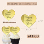 24 Pcs Happy Father's Day Cupcake Topper Acrylic Cake Disc Mirror Heart Cake Topper Engraved Happy Father's Day Cake Topper Heart Picks Cupcake Decorations for Dads Birthday Day (24, Gold)