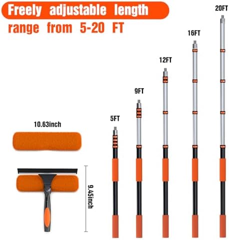 26FT Window Squeegee with Extension Pole, 2-in-1 Squeegee for Window Cleaning, Professional Cleaning Kit for Home with 20FT Telescoping Pole for Outdoor Indoor Use