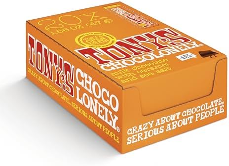 Tony’s Chocolonely Belgian Milk Chocolate Candy Bar With Caramel & Sea Salt, Chocolate Bars for Snacks, Party Favors, or Gifts, 32% Cacao, Made From Quality Fairtrade Cocoa, 20 Bars, 1.66 Oz Each