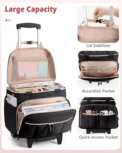 Rolling Teacher Bag with Accordion File Organizer & 15.6" Laptop Compartment, Wheeled Work Briefcase Tote with Detachable Trolley & Crossbody Strap for Women, Black