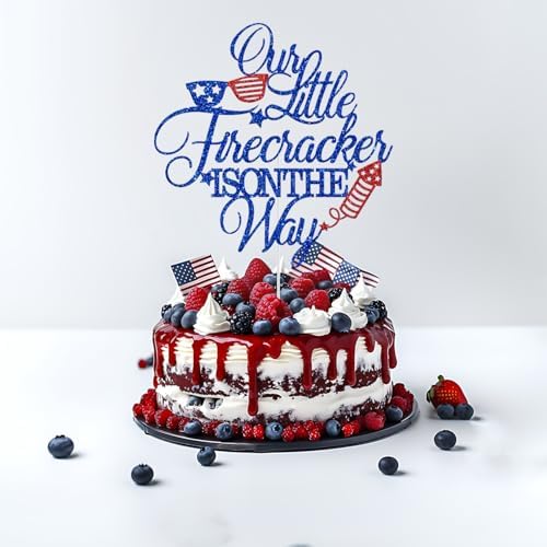 Our Little Firecracker is on The Way Cake Topper, Patriotic Baby Shower Cake Topper, 4th of July Baby Shower Gender Reveal Party Decorations Glitter