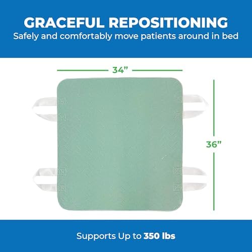 Patient Aid 34" x 36" Positioning Bed Pad with Handles - Incontinence Mattress Bedding Protector Liner Reusable Underpad with Handles & Straps for Easy Transfer - Washable Waterproof Positioning Pad
