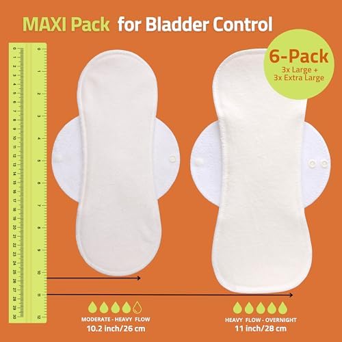 Non-Slip Reusable Incontinence Pads for Bladder Control (L+XL; 6-Pack); High Temp Washable Organic Cotton Cloth Pads with Quick Absorption & Odor Control; Soft & Non-Irritating for Sensitive Skin