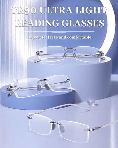 LUFF 3 Pack Rimless Reading Glasses Men Women- Comfortable Frameless Reader Lightweight TR90 Blue Light Blocking Eyeglasses