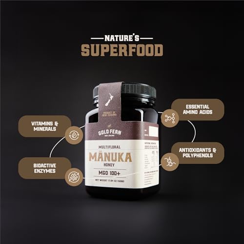 Gold Fern Honey - Raw New Zealand Manuka Honey | 1.1lb MGO 100+ | Pure, Natural, Unpasteurized, and Unfiltered Superfood Honey, Traceable from Hive to Hand.