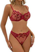 Lilosy Sexy Floral Embroidered Flower Mesh Underwire Push Up Lingerie Set