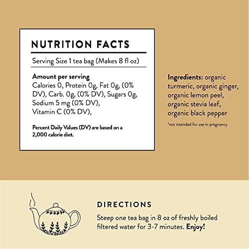 Organic Whole Health Tea, 30 Tea Bags with Turmeric, Ginger, Lemon and Black Pepper