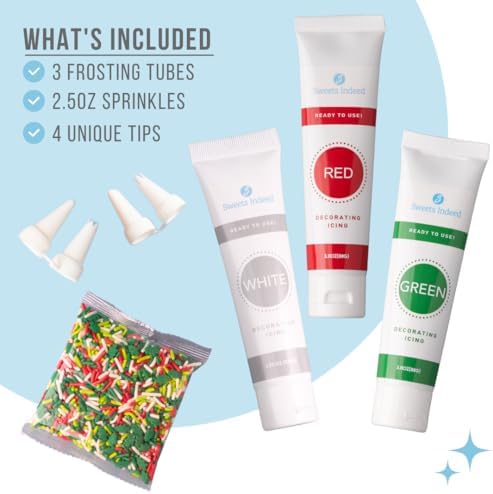Sweets Indeed Christmas Cookie Decorating Kit – 11.31 oz | 3 Frosting Tubes (Red, Green & White) + 4 Decorating Tips + 2.5 oz Holiday Sprinkles for Christmas Cookies, Cupcakes & Cakes