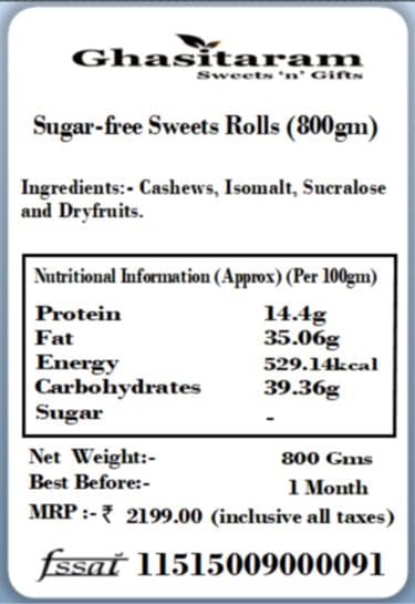 Ghasitaram Gifts Indian Sweets - Sugar-free Sweets Rolls (800gm)