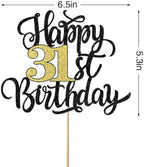 Happy 31st Birthday Cake Topper, Black Gold Glitter Birthday Cake Topper, 31st Anniversary/Thirty-one Birthday Party Cake Decoration Supplies