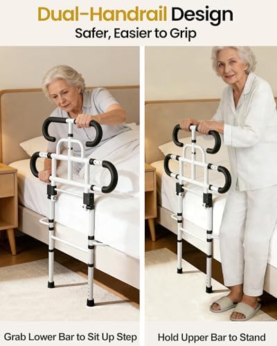 Aliseniors Bed Rails for Elderly Adults Safety - ASTM Certified Bed Assist Grab Bar for Seniors with Adjustable Legs, 300lb Foldable Bedside Dual-Tier Handle - Fits King Queen Twin for Fall Prevention