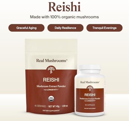 Real Mushrooms Reishi Mushroom Capsules - Handpicked Organic Mushroom Extracts - Red Reishi for Tranquil Daily Wellness with Verified Beta Glucans Vegan, Non-GMO, No Grain Fillers, 90 ct