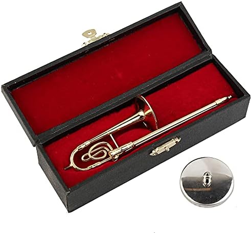 Miniature Trombone with Stand and Case Brass Mini Musical Instrument Trombone Replica Collectible Figurines Dollhouse Accessories Model Home Decoration Display Ornament (5.91"x1.30")