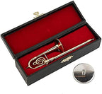 Miniature Trombone with Stand and Case Brass Mini Musical Instrument Trombone Replica Collectible Figurines Dollhouse Accessories Model Home Decoration Display Ornament (5.91"x1.30")