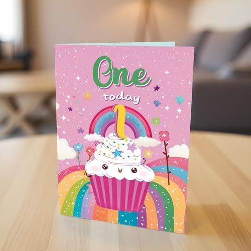 Stuff4 1st Birthday Card Girl - Cupcake Rainbow - Happy Birthday Card for 1 Year Old Girl, Age 1 Girls Cards, A5 Bday Greeting