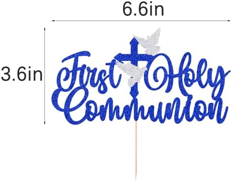 First Holy Communion Cake Topper Glitter Christian Baby Baptism Cake Pick God Bless Cake Decorations, Dove Cross Cake Decorations First Communion Theme Baby Shower (First Holy Communion Dark blue)