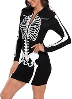 HDE Women's Skeleton Dress Spooky Long Sleeve Bones Mini Dress Halloween Party Costume Fitted Stretchy Bodycon with Half Zip
