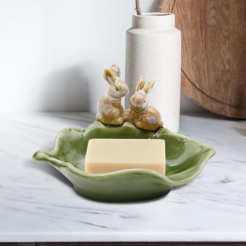 Rabbit Ceramic Soap Dish, Decorative Bunny Soap Plate, Sponge Holder,Key Bowl & Jewelry Tray, Green - Bathroom, Kitchen, Counter Organizer (1 Pack)