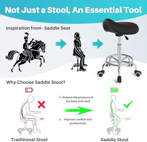 YEEZEE Saddle Stool Ergonomic- Comfortable Rolling Saddle Stool with Wide Thick Saddle Seat Padding, Swivel Adjustable Saddle Chair with Wheels and Ring Pedal for Medical Massage Salon (Dark Black)