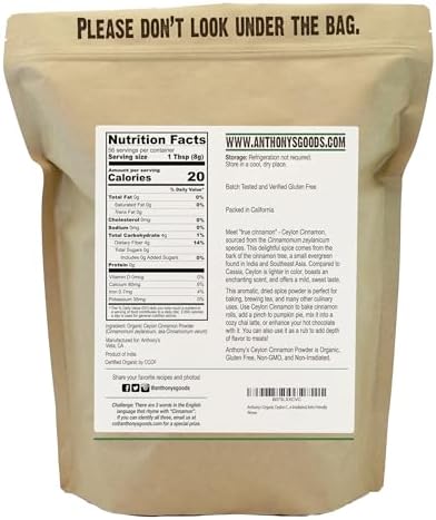 Anthony's Organic Ceylon Cinnamon Powder, 1 lb, Ground, Gluten Free, Non Irradiated, Non GMO, Keto Friendly