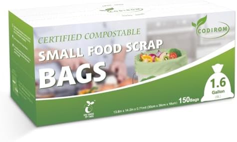 100% Compostable 1.6 Gallon Trash Bags, 6 Liter, 150 Count Kitchen Food Scrap Small Compost Bags for Countertop Bin with Europe EN13432 Certified