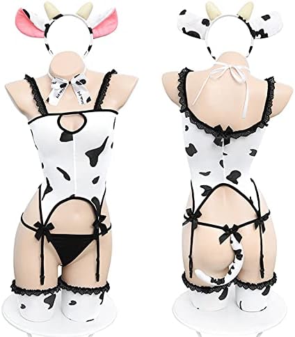 JasmyGirls Womens Sexy Maid Cosplay Lingerie Furry Milk Cow Costume Kawaii Anime Bikini Set Mini Leopard Bra and Panty Outfit (White3)