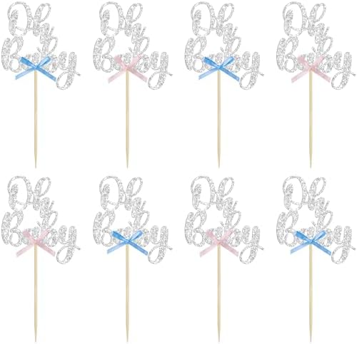 Gyufise 36Pcs Oh Baby Cupcake Toppers with Blue Pink Bowknot Silver Glitter Baby Shower Cupcake Picks Gender Reveal Cupcake Topper Decoration for Gender Reveal Baby Shower Kids Birthday Party Supplies