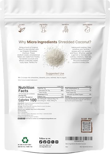 Organic Shredded Coconut Flakes, 4lbs | Raw Unsweetened Flavor, Medium Sized | Great for Baking, Smoothies, or Garnish | Non-GMO, Sugar Free, Keto Friendly
