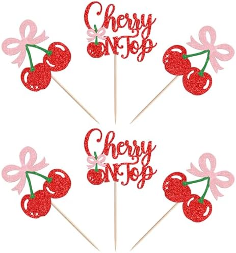 24 PCS She's the Cherry On Top Cupcake Toppers Glitter Sweet Cherry Cupcake Picks Cherry On Top Baby Shower Decorations for Fruit Theme Wedding Bridal Shower Birthday Party Cake Decorations Supplies