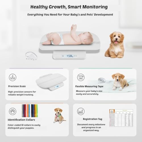 Baby Scale & Pet Scale with 60cm Tray, 330lb-150kg Digital Scale for Newborn, Puppy, Cat, Dog & Adult, Includes Tape Measure, Puppy Collar & Record Card, Hold/Tare Function,5 Unit Conversions