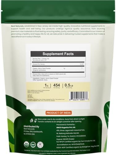 Best Naturals Certified USDA Organic Jamun Seed Powder, 227 Gram, Gluten Free, GMO Free, Vegan