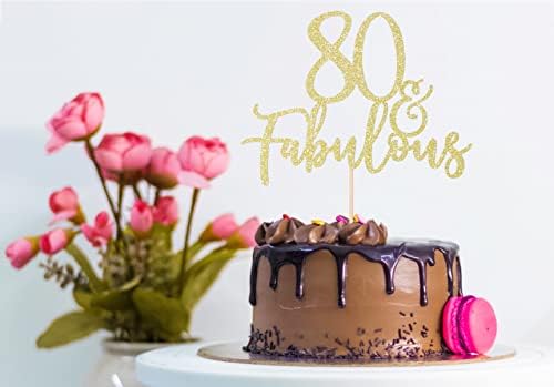LOVENJOY 80 and Fabulous Birthday Cake Topper Gold Glitter for 80th Birthday Party Decoration