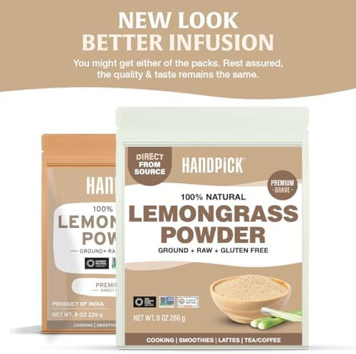 HANDPICK Lemongrass Powder (226g/8oz) Non GMO, Gluten Free, 100% Raw, Sourced from India, For Cooking, Smoothies, Tea, Packed in Resealable Ziplock Pouch