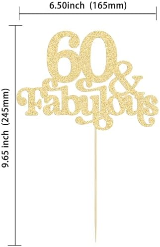 Ephlyn 1Pc 60 & Fabulous Cake Topper Glitter Sixty and Fabulous Cake Toppers Happy 60th Birthday Cake Pick for 60th Wedding Anniversary Birthday Party Decorations Supplies Gold