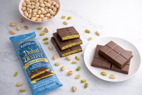 Davis Chocolate Dubai Destiny Sugar Free Vegan Dark Chocolate Bar, Pistachio & Puffed Quinoa, Gluten Free, Kosher, 4.05oz (1 Bar, SF - Dark Vegan)