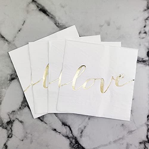 White Luncheon Paper Napkins Stamped with Sparkle Gold Love - Folded 6.5 x 6.5inch for Wedding, Bridal/Baby Shower, Dinner Birthday Party (48Count)