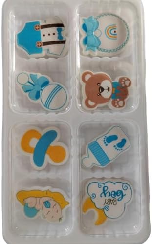 Edible 8pcs Blue Boys Baby Showers Themed Cake Decorations Dessert Sugar Sprinkles Party Cookie DIY Cake Cupcake Topper Icing Frosting Decoration Holiday Supplies