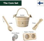 Northwood Sauna - Sauna Accessories Kit - Handmade from Finnish Pine Wood - Core Set (Bucket & Ladle, Thermometer & Hygrometer, Sand Timer, Aromatherapy Cup)