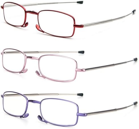 REAVEE 3 Pack Folding Reading Glasses with Keychain Compact Bags for Women Men, Blue Light Blocking Spring Hinge Portable Pocket Readers, Red Pink and Purple 2.5