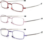 REAVEE 3 Pack Folding Reading Glasses with Keychain Compact Bags for Women Men, Blue Light Blocking Spring Hinge Portable Pocket Readers, Red Pink and Purple 1.5