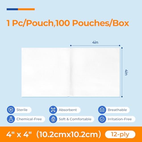 100 Pack Sterile Gauze Pads 4x4 Inch 12-Ply, 100% Cotton Large Gauze Sponges for Wound Care, Highly Absorbent Bulk Hospital-Grade First Aid & Surgical Dressing