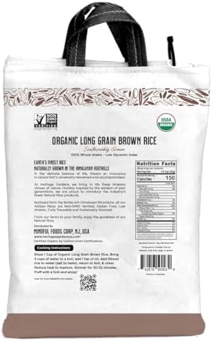 Heritage Gardens Organic Long Grain Brown Rice 80 oz (5 lb) – Whole Grain, Non-GMO, Gluten Free, Low-Arsenic, High Fiber – Himalayan Grown Everyday Brown Rice