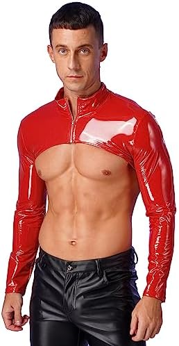 Mufeng Mens Wet Look Faux Leather Arm Sleeves Shrug Shirt Tops Zipper Jacket Clubwear