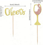 24 PCS Gold Glitter Cheers Wine Glass Cupcake Toppers for Birthday Party Engagement Bridal Wedding Baby Shower Anniversary Party Cake Dessert Decorations Supplies Picks