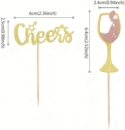 24 PCS Gold Glitter Cheers Wine Glass Cupcake Toppers for Birthday Party Engagement Bridal Wedding Baby Shower Anniversary Party Cake Dessert Decorations Supplies Picks