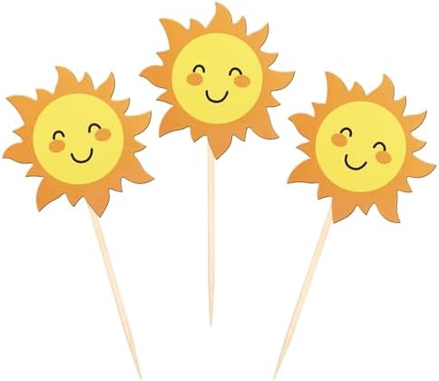 36 PCS Sun Cupcake Toppers Double Sided Sun Flower Smile Face Cupcake Picks SunShine Cupcake Decorations for Sun Theme Baby Shower Kids Boys Girls Birthday Wedding Party Cake Decorations Supplies