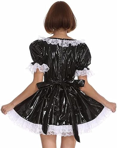 Lace Trim Apron Lolita Cosplay Costume A-line Mini Dress PVC Short Sleeve Pleated Dresses,Black,XXL
