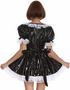Lace Trim Apron Lolita Cosplay Costume A-line Mini Dress PVC Short Sleeve Pleated Dresses,Black,XXL
